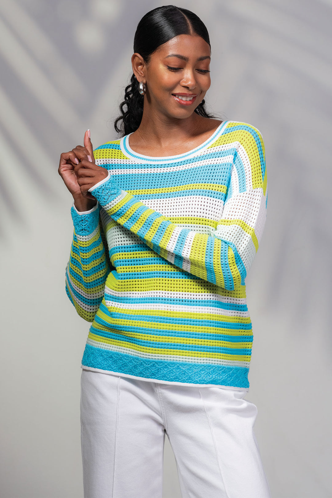 Alison Sheri Jumper Turquoise Stripe Drop Stitch A45530 - Experience Boutique