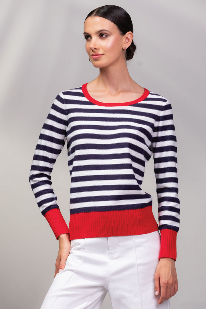 Alison Sheri Navy Stripe Red Trim Jumper A45408 - Experience Boutique