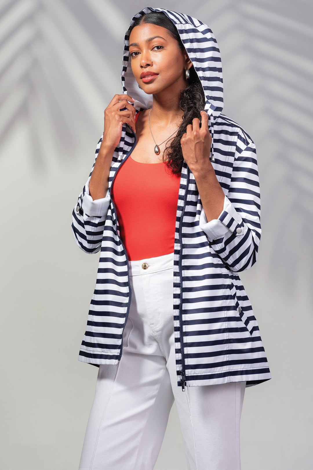 Alison Sheri Navy White Stripe Waterproof Coat A45430 - Experience Boutique