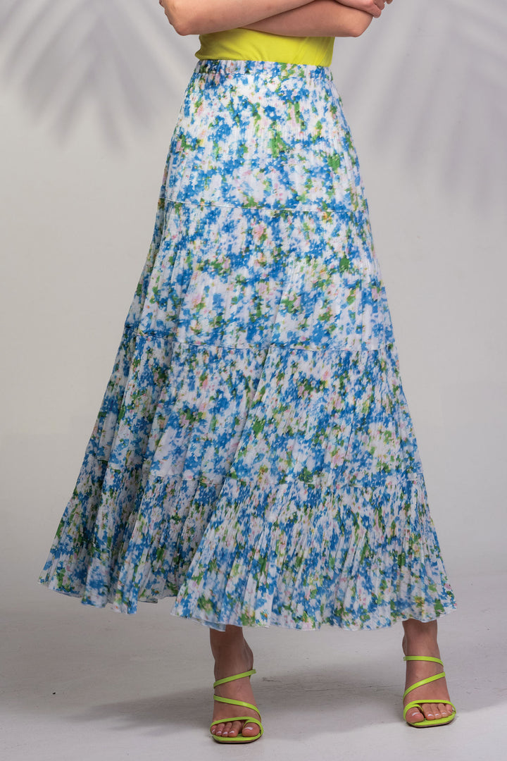 Alison Sheri Skirt Tiered Midi Blue Floral Print A45301 - Experience Boutique