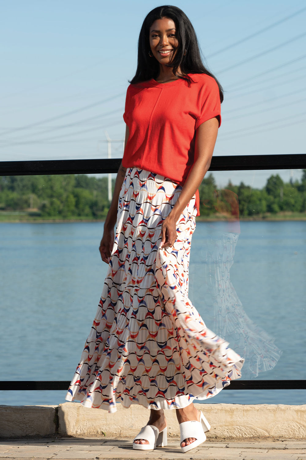 Alison Sheri Skirt Tiered Midi Coral Print A45407 - Experience Boutique