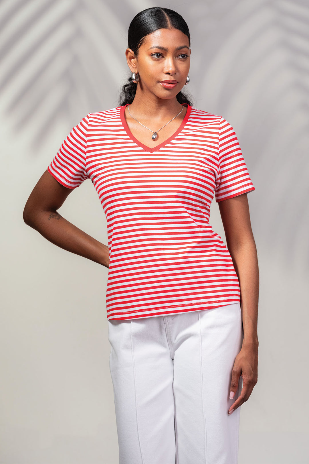 Alison Sheri T-Shirt Red White Nautical Stripe V-Neck A45425 - Experience Boutique