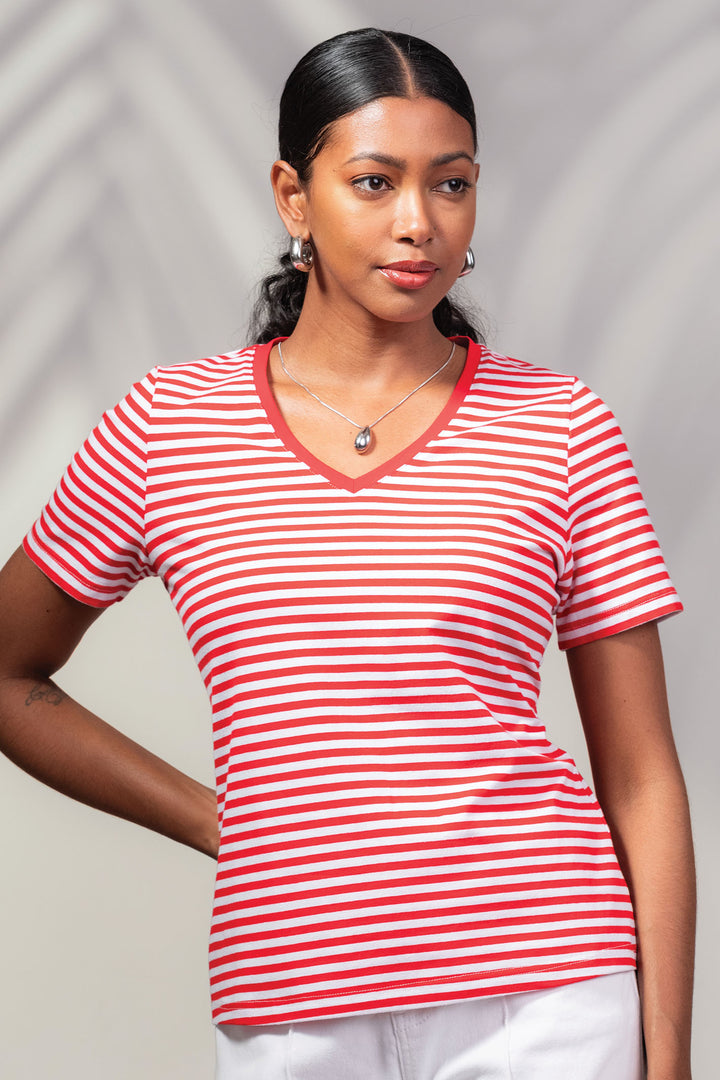 Alison Sheri T-Shirt Red White Nautical Stripe V-Neck A45425 - Experience Boutique