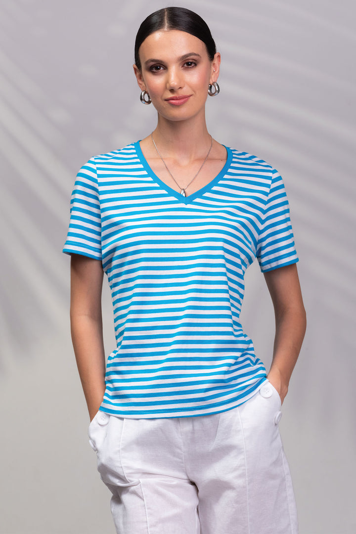 Alison Sheri T-Shirt V-Neck Aqua White Nautical Stripe A45425 - Experience Boutique