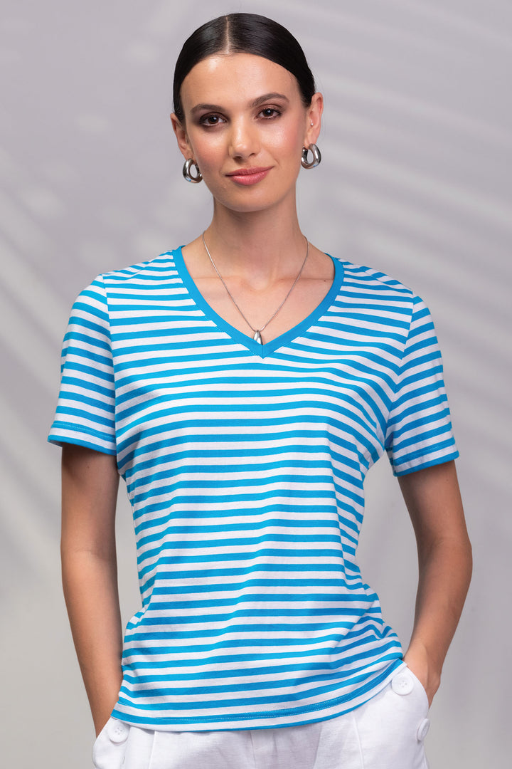 Alison Sheri T-Shirt V-Neck Aqua White Nautical Stripe A45425 - Experience Boutique