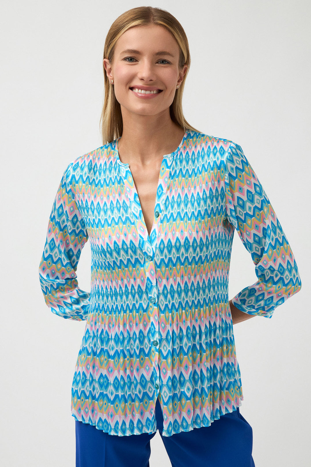 Bariloche Caleta Blouse Turquoise Print Shirred Pleat - Experience Boutique