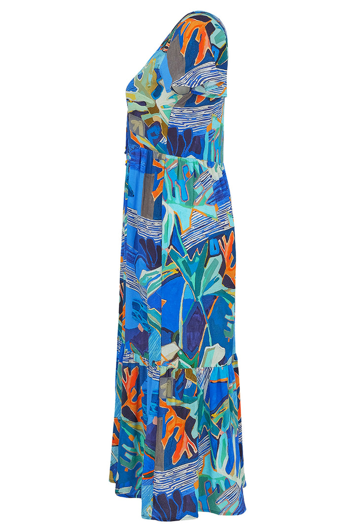 Dolcezza Dress Midi Length Blue Palmetto Print 25685 - Experience Boutique