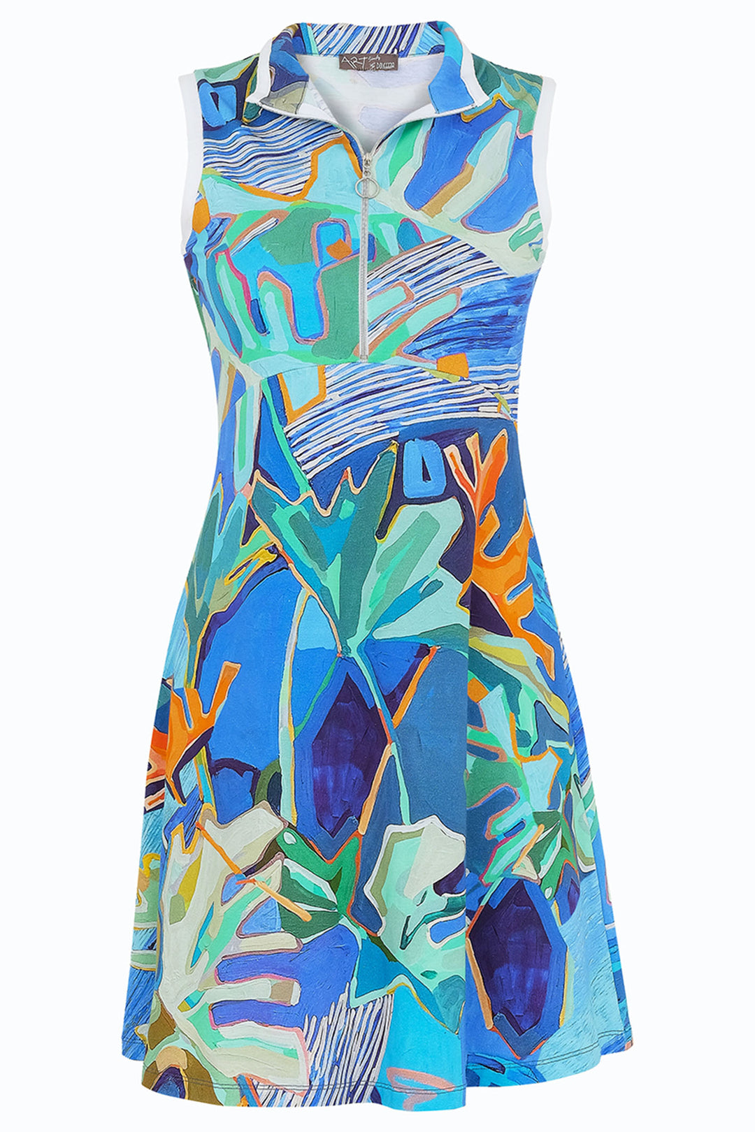 Dolcezza Dress Zip Front Blue Palmetto Print 25686 - Experience Boutique