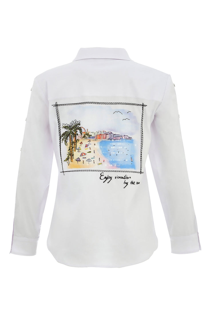 Dolcezza Shirt Enjoy Vacations By The Sea Print White 25114 - Experience Boutique