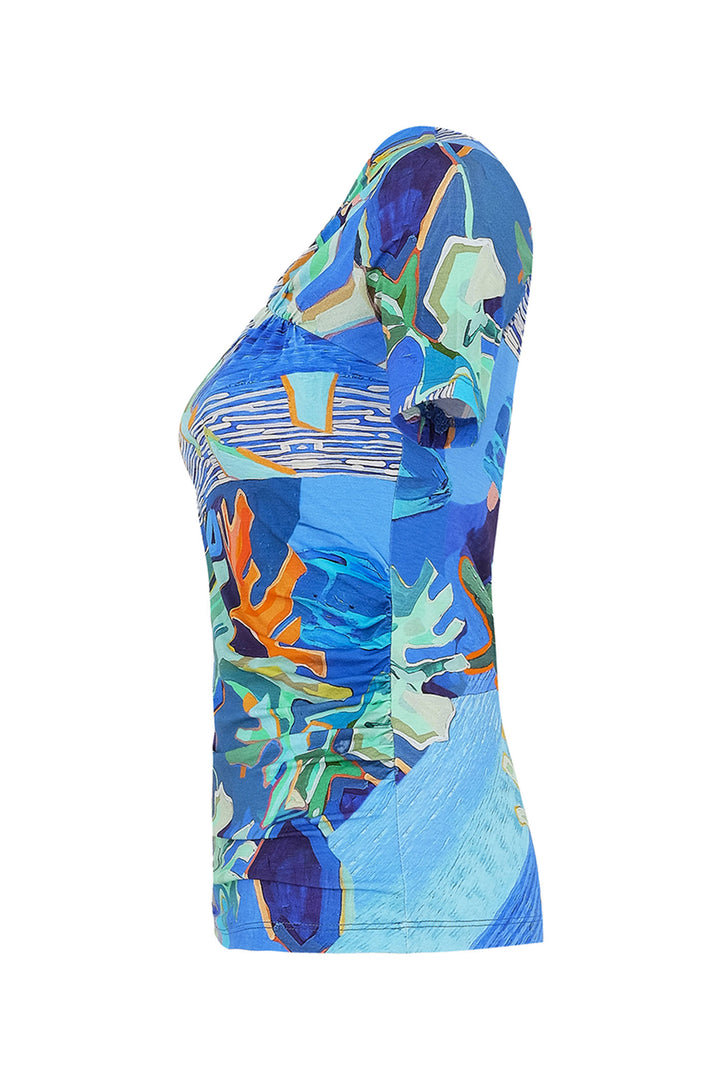 Dolcezza Top Asymmetric Neck Blue Palmetto Print 25682 - Experience Boutique