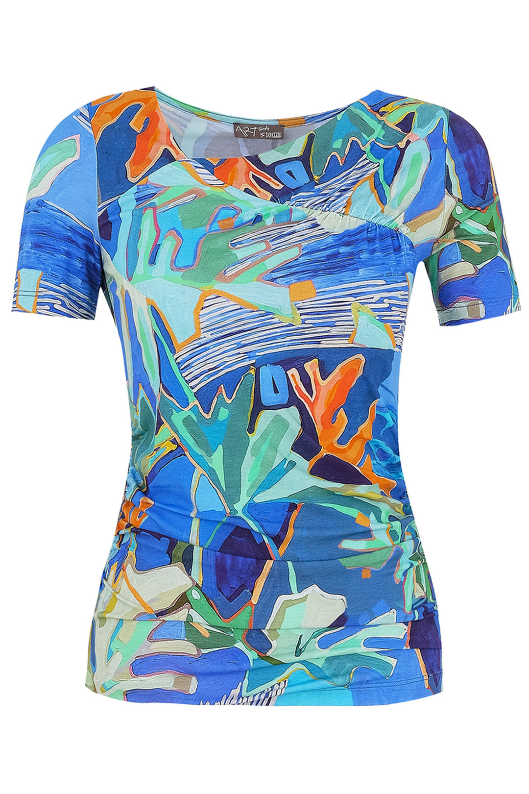 Dolcezza Top Asymmetric Neck Blue Palmetto Print 25682 - Experience Boutique