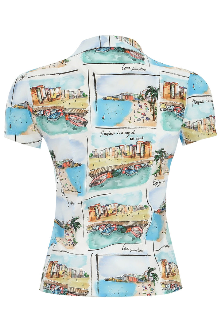 Dolcezza Top Zip Front Le Sable Et La Mar Print White 25113 - Experience Boutique