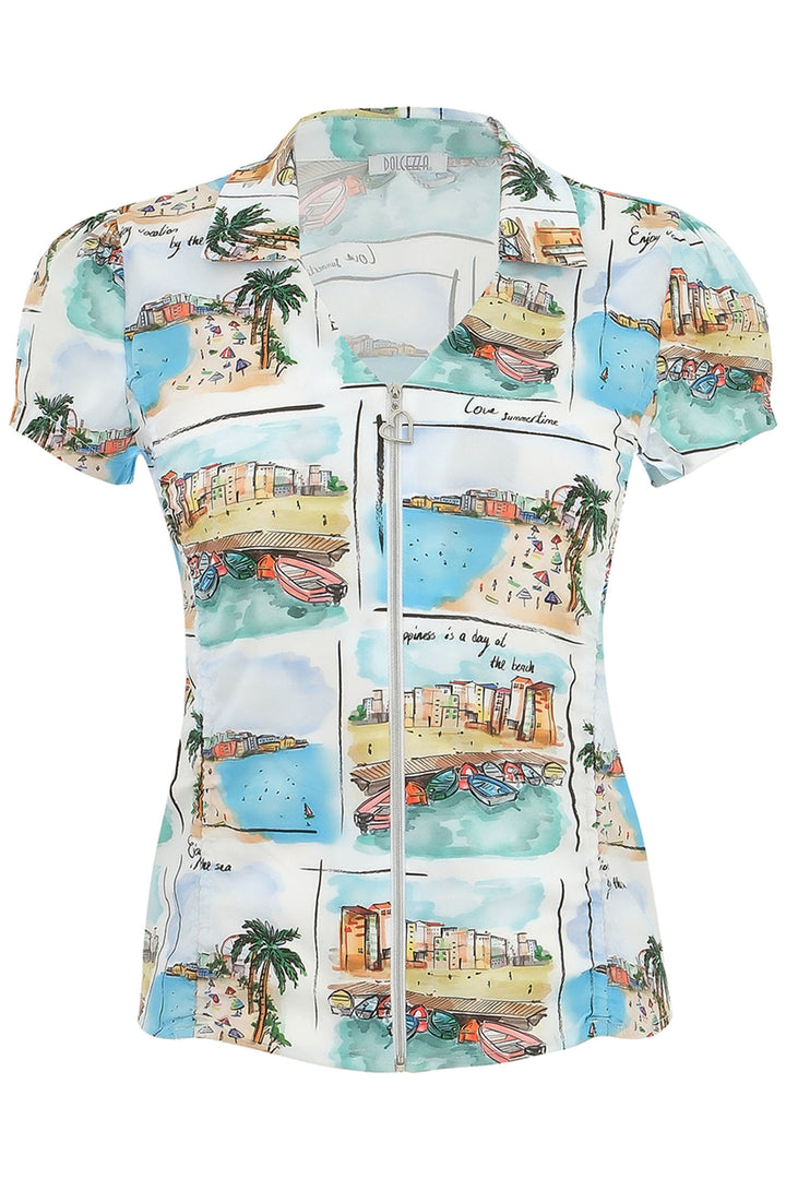 Dolcezza Top Zip Front Le Sable Et La Mar Print White 25113 - Experience Boutique