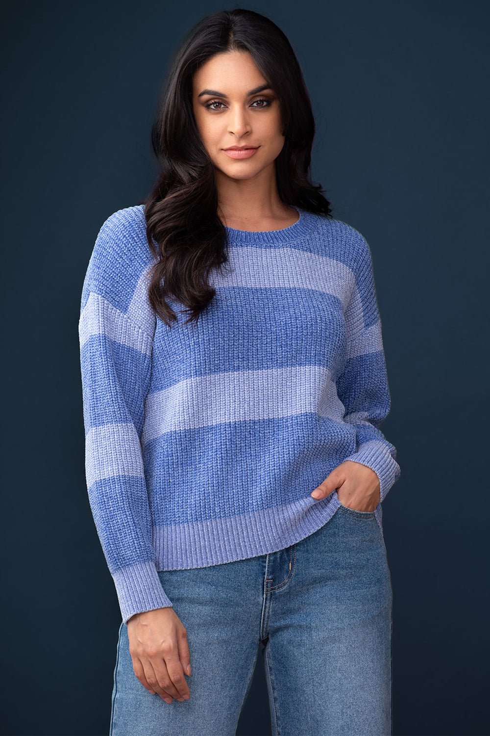 Elena Wang 33125 Blue Two Tone Stripe Knit Jumper Separate Collar - Experience Boutique