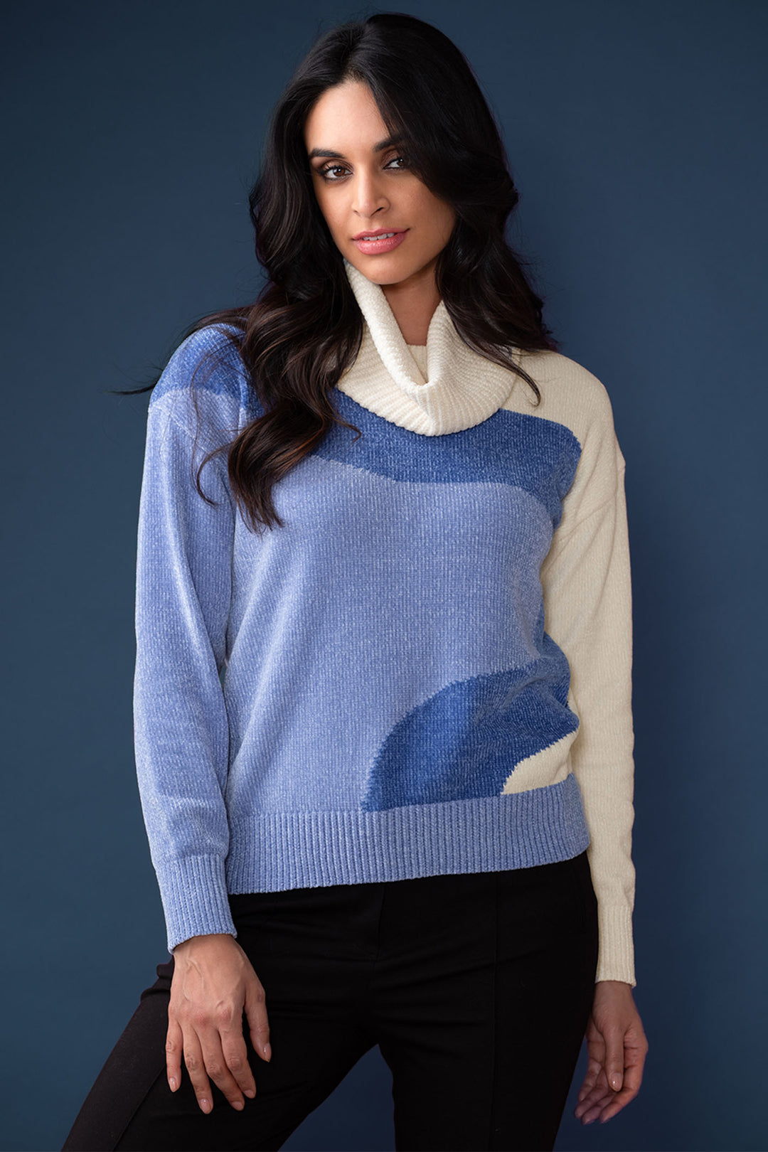 Elena Wang EW33126 Blue & Cream Wave Knit Jumper Separate Collar - Experience Boutique