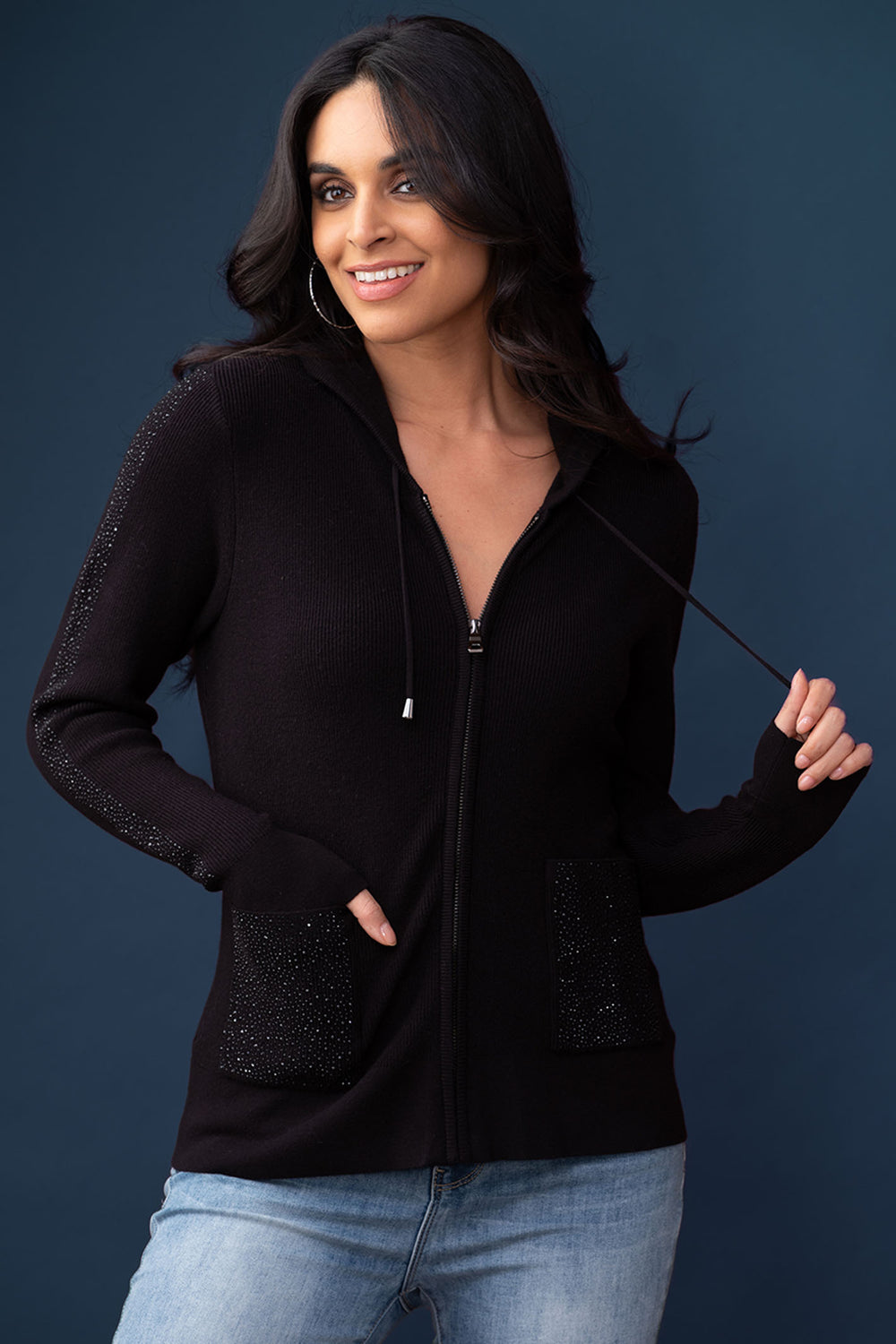 Elena Wang EW33135 Black Jewelled Knit Hooded Cardigan - Experience Boutique