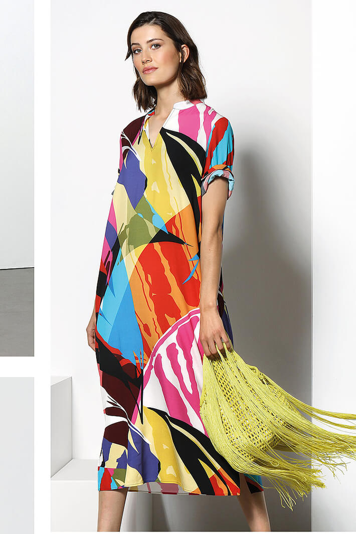 Erfo 8518018 Vibrant Print Mandarin Collar Dress - Experience Boutique