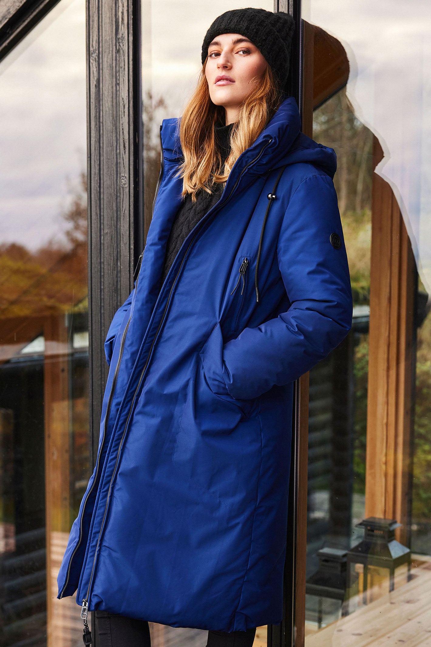 Blue padded coat with hood sale