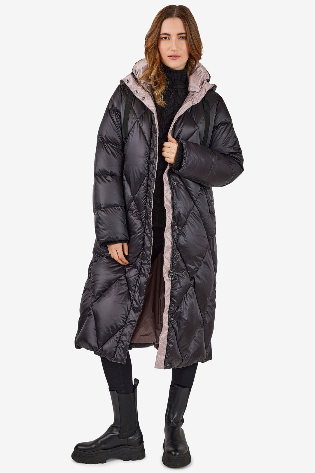 Frandsen 967 580 9041 Diamond Quilt Down Coat Black and Pale Rose - Experience Boutique