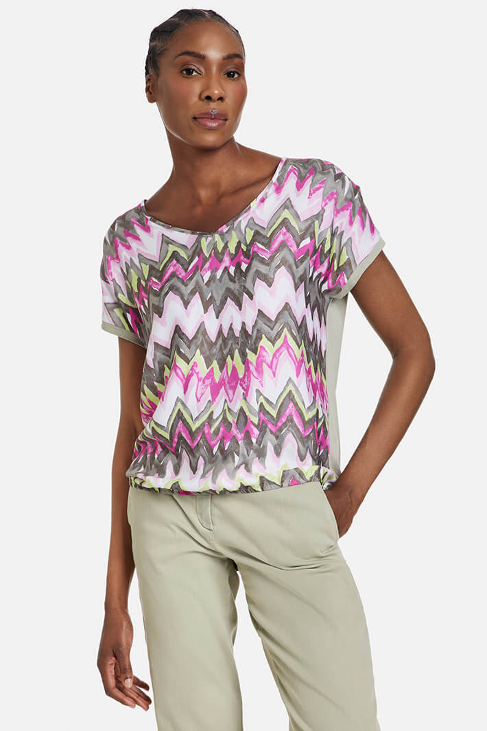 Gerry Weber 170241 Khaki Green & Peony Zigzag Print Top - Experience Boutique