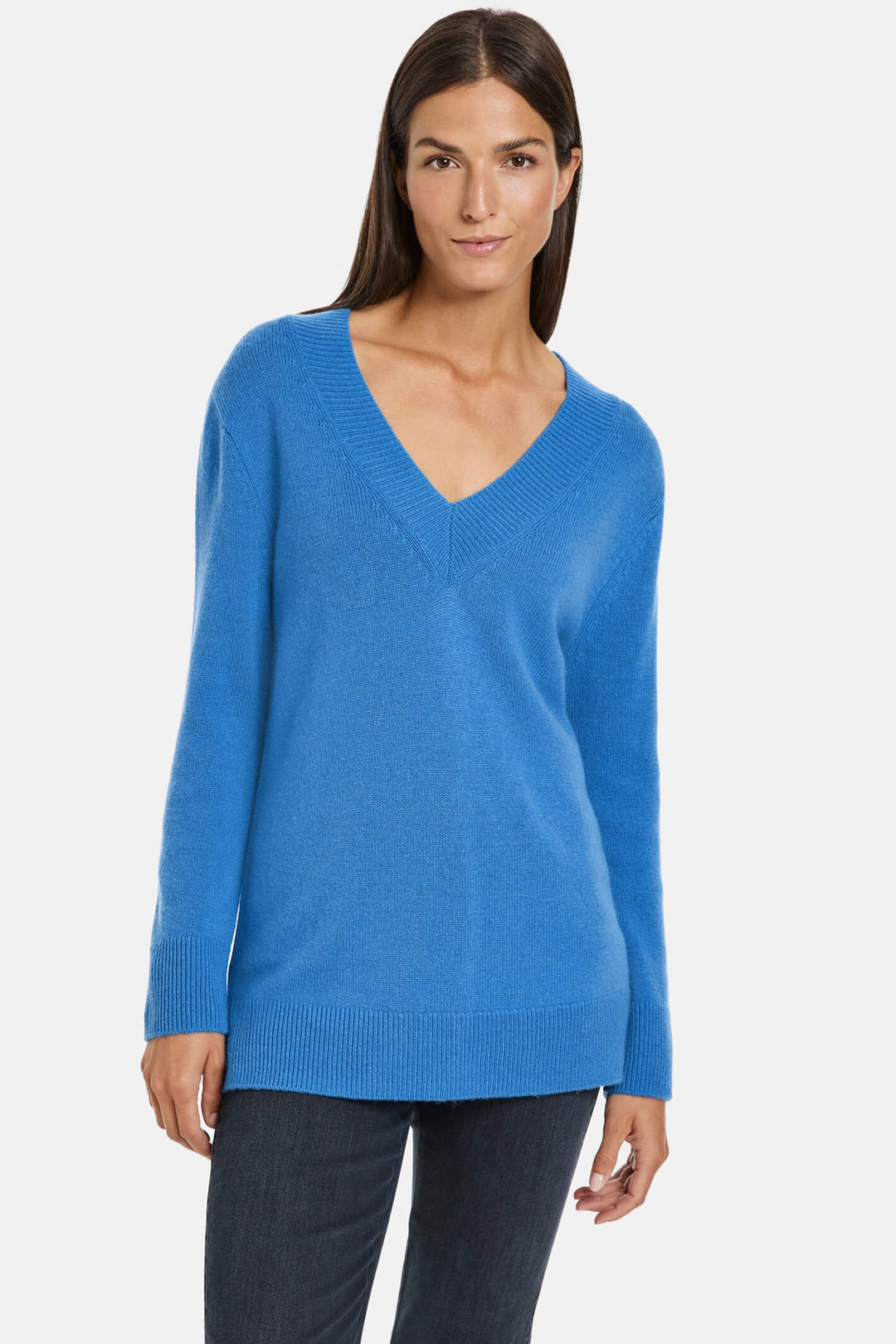 Gerry Weber 271020 Royal Blue Deep V-Neck Wool Cashmere Mix Jumper - Experience Boutique