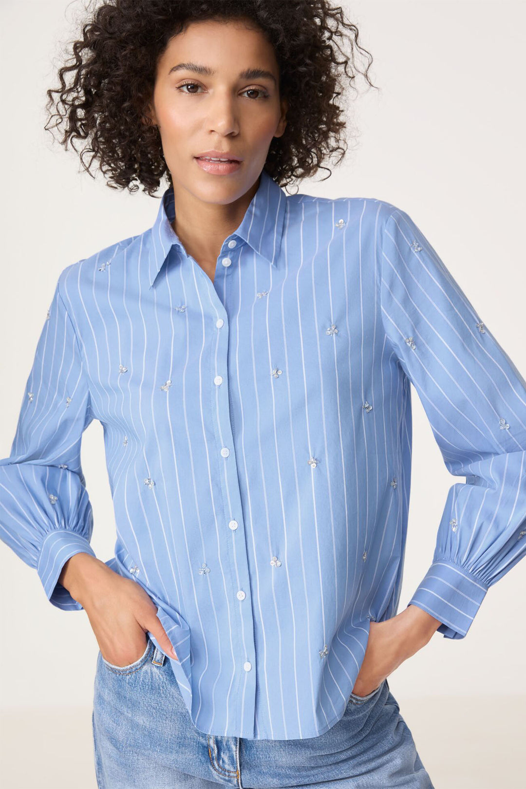 Gerry Weber 460019 Blue & White Stripe Crystal Embellished Shirt - Experience Boutique