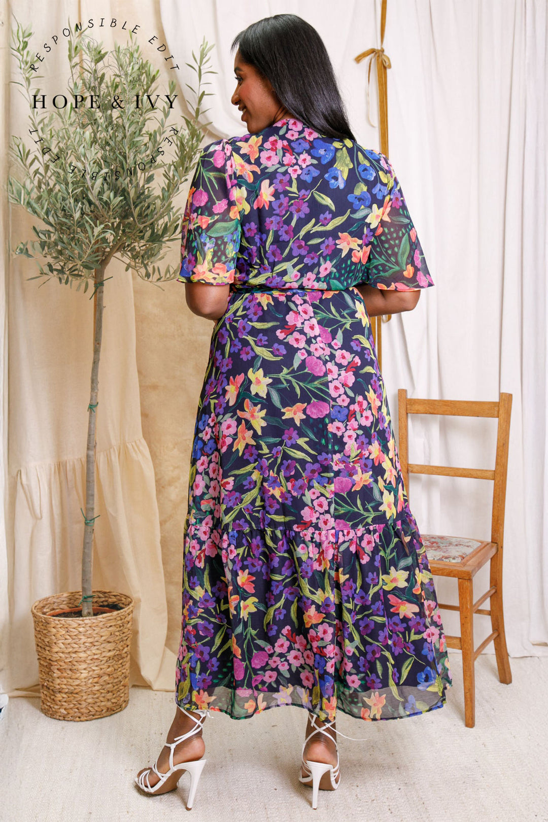 Hope & Ivy Nesta Dress Blue Mauve Floral Print 6550 - Experience Boutique