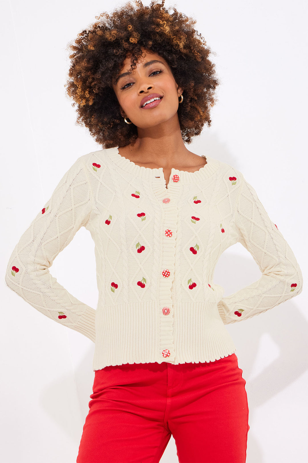 Joe Browns Cherry Embroidered Cream Cable Knit Cardigan WK805A - Experience Boutique