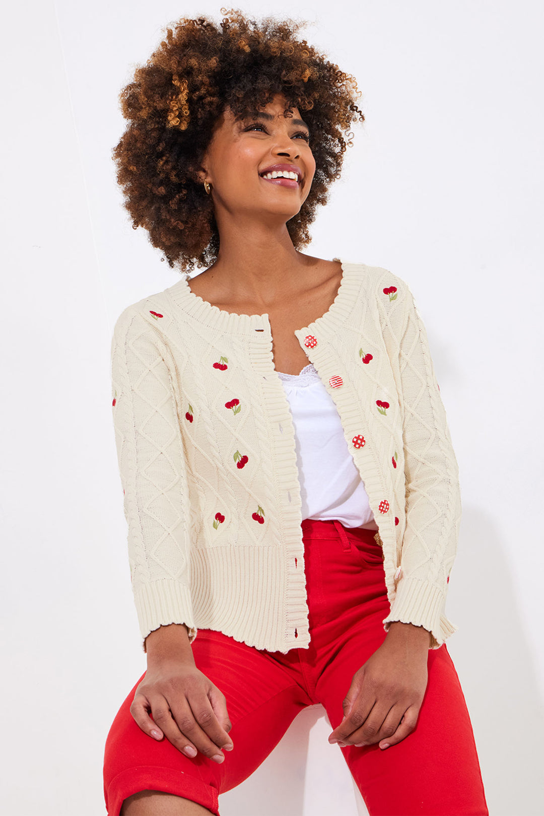 Joe Browns Cherry Embroidered Cream Cable Knit Cardigan WK805A - Experience Boutique