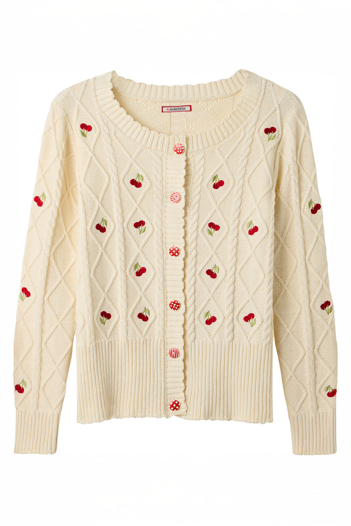 Joe Browns Cherry Embroidered Cream Cable Knit Cardigan WK805A - Experience Boutique