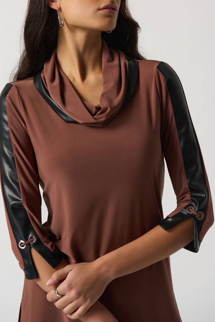 Joseph Ribkoff 233107 Toffee Brown Faux Leather Trim Tunic Top - Experience Boutique