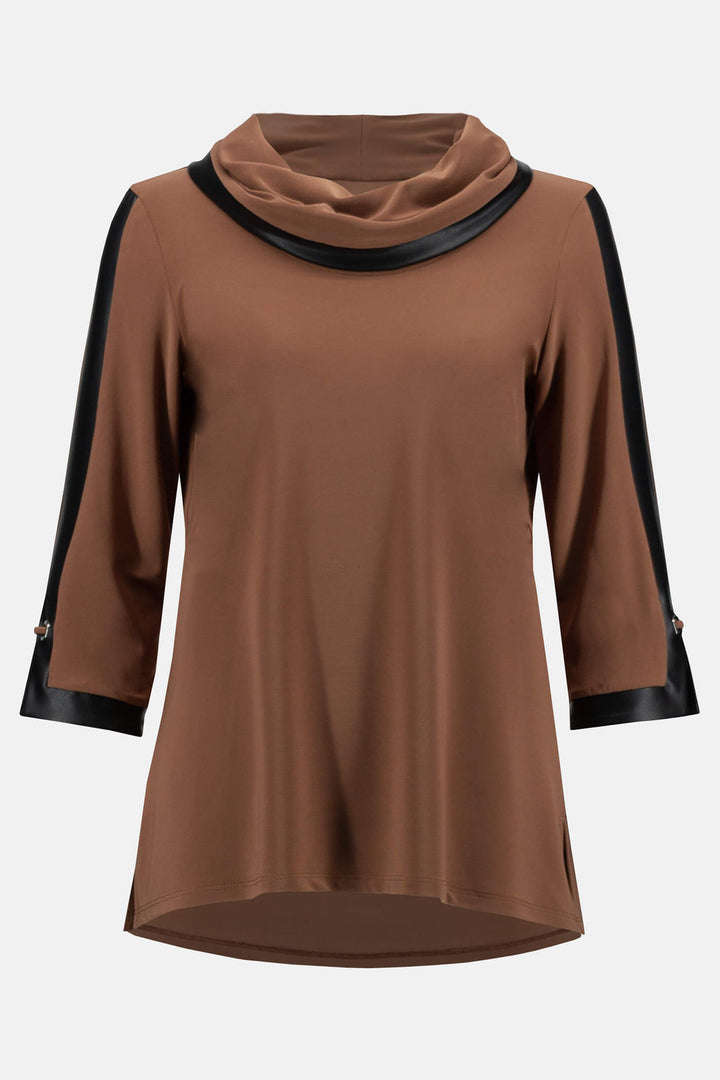 Joseph Ribkoff 233107 Toffee Brown Faux Leather Trim Tunic Top - Experience Boutique