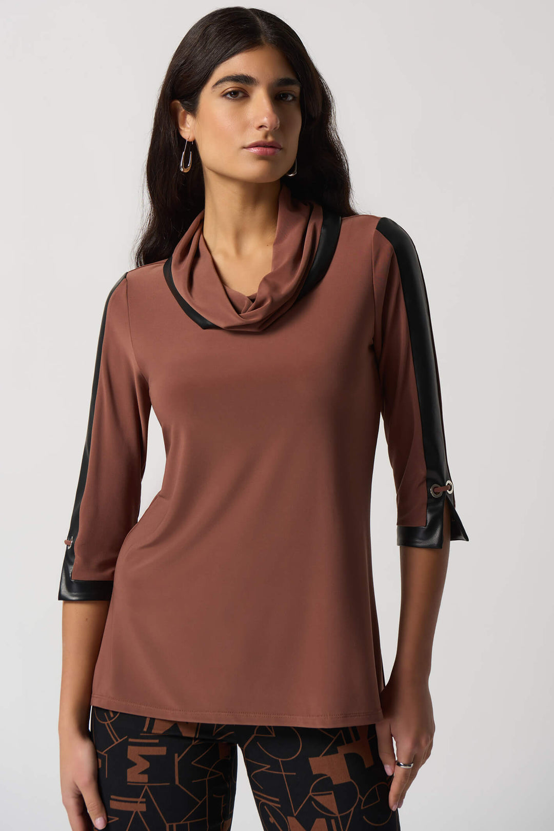 Joseph Ribkoff 233107 Toffee Brown Faux Leather Trim Tunic Top - Experience Boutique