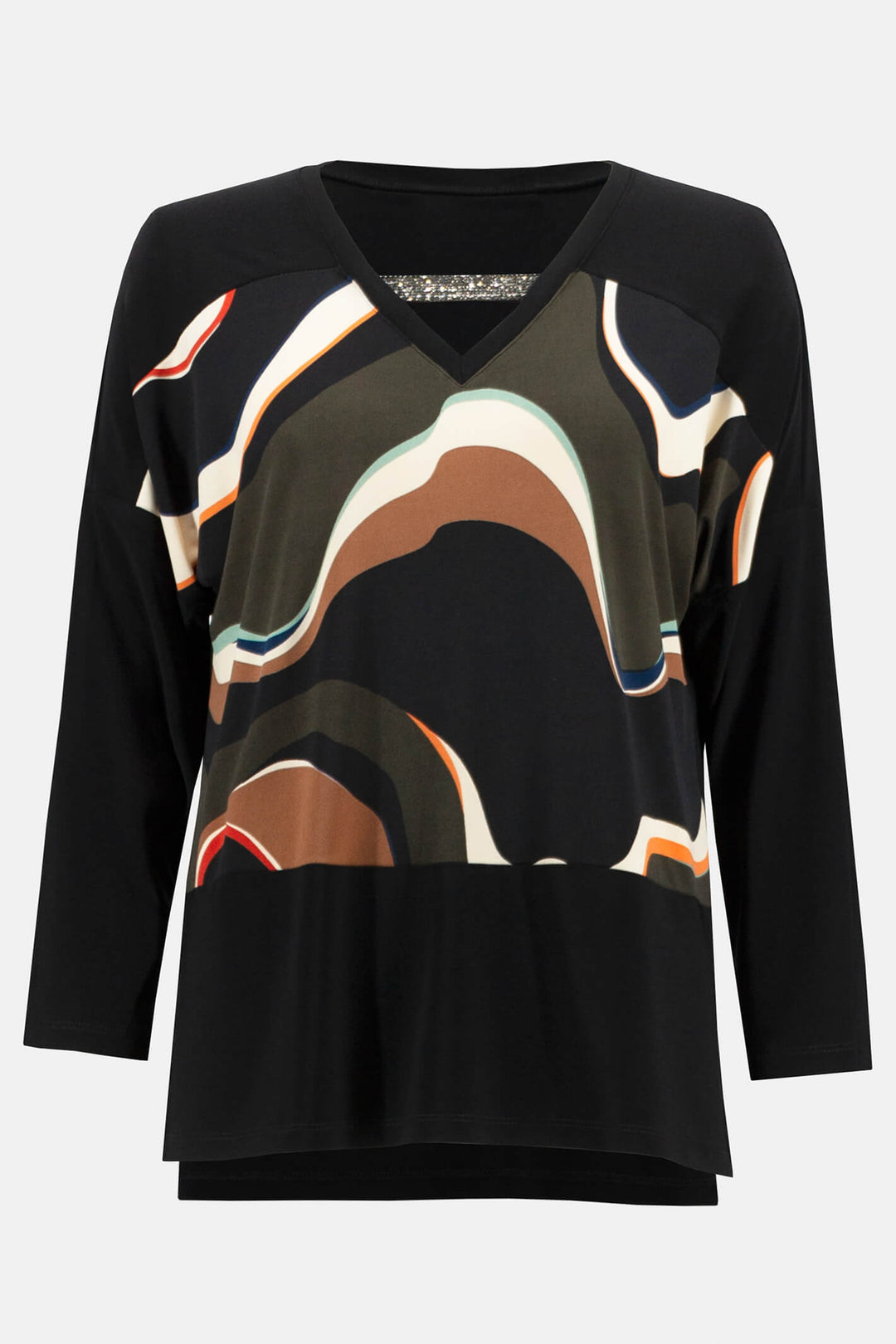 Joseph Ribkoff 233116 Black Wave Print V-Neck Long Sleeve Top - Experience Boutique