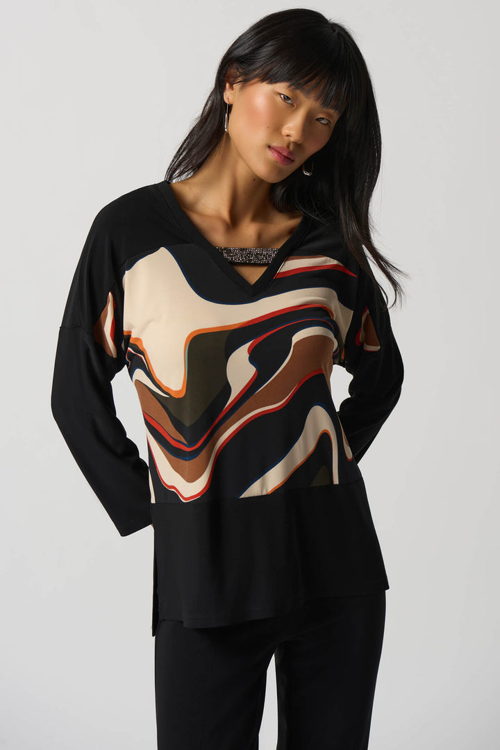 Joseph Ribkoff 233116 Black Wave Print V-Neck Long Sleeve Top - Experience Boutique