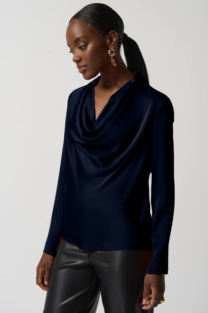 Joseph Ribkoff 233136 Midnight Navy Cowl Neck Satin Top - Experience Boutique