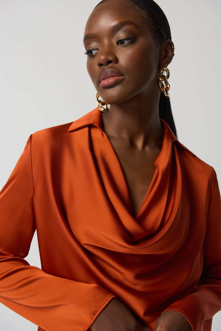 Joseph Ribkoff 233136 Tandoori Orange Cowl Neck Satin Top - Experience Boutique