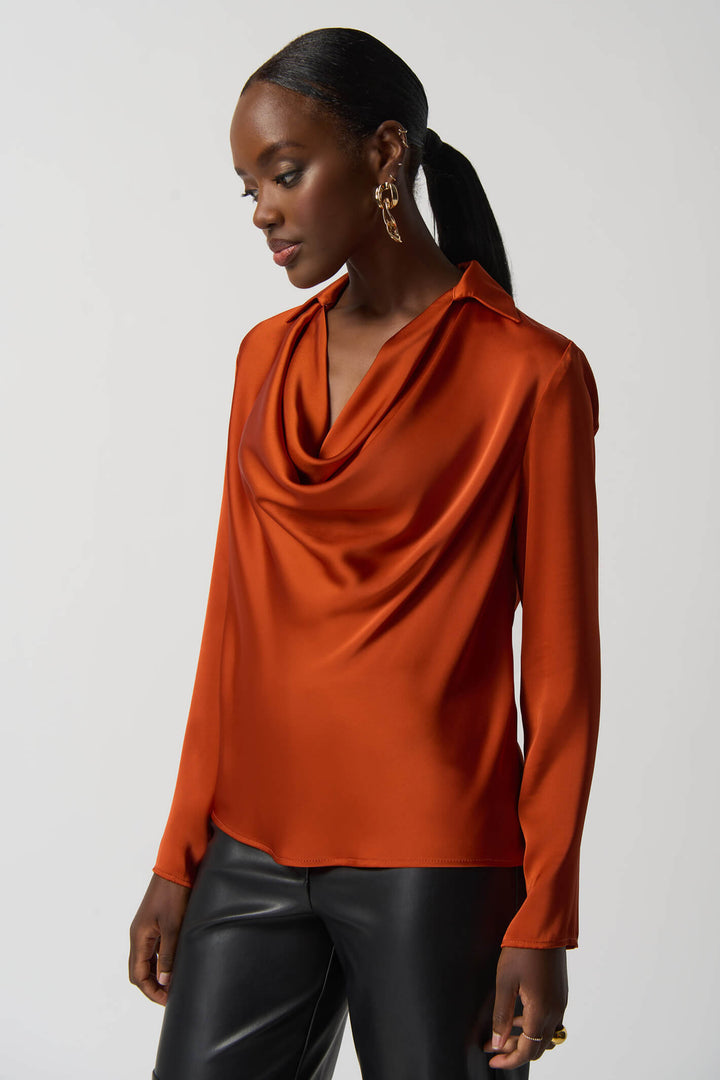 Joseph Ribkoff 233136 Tandoori Orange Cowl Neck Satin Top - Experience Boutique