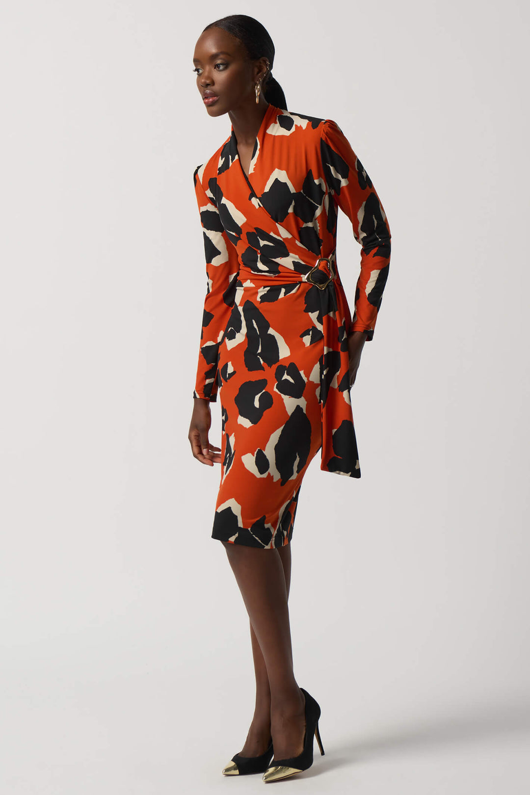 Joseph Ribkoff 233176 Tandoori Orange Print Wrap Style Dress - Experience Boutique