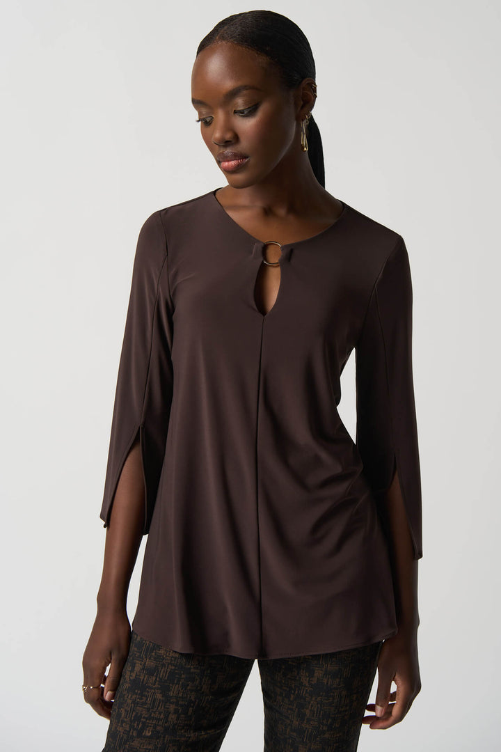 Joseph Ribkoff 233253 Mocha Brown Keyhole Neck Split Sleeve Tunic Top - Experience Boutique