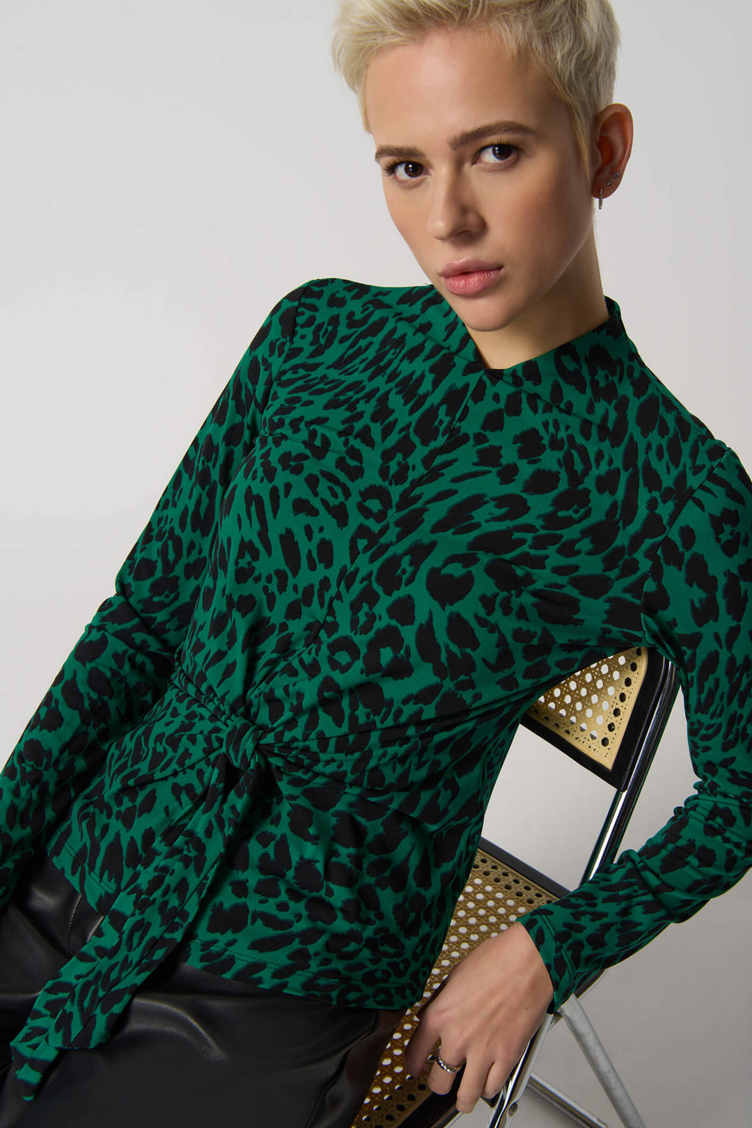 Joseph Ribkoff 233256 Emerald Green Leopard Print Tie Front Top - Experience Boutique