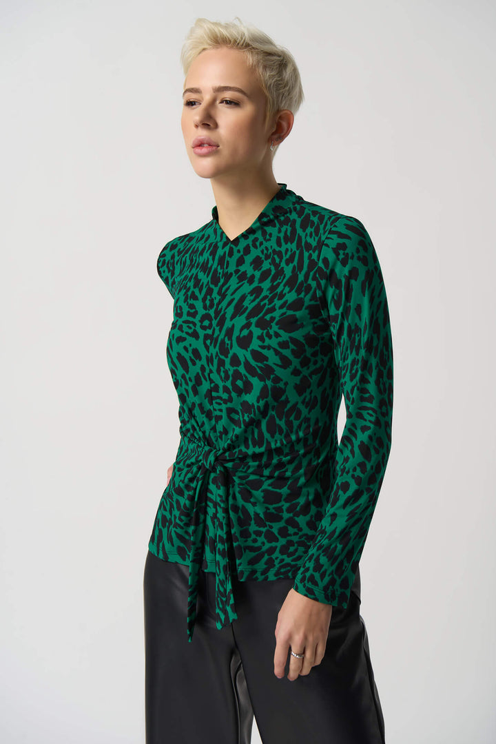 Joseph Ribkoff 233256 Emerald Green Leopard Print Tie Front Top - Experience Boutique