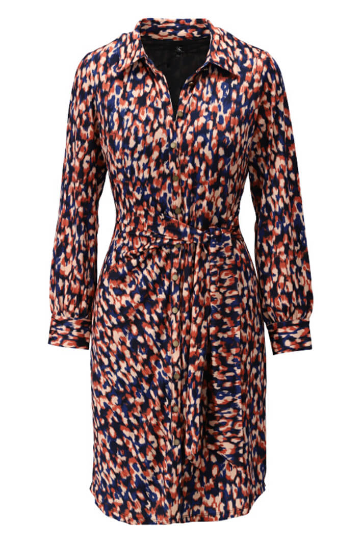 K Design X128 Blue brown Print Shirt Dress With Tie Belt - Experience Boutique