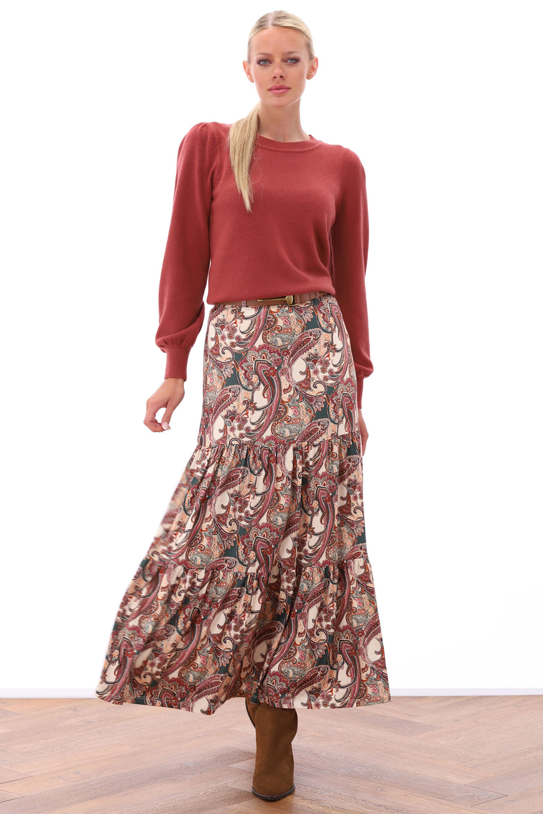 K Design Z131 Brown Paisley Print Skirt - Experience Boutique