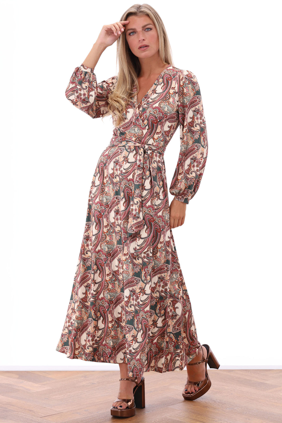 K Design Z132 Brown Paisley Print Maxi Crossover Dress - Experience Boutique