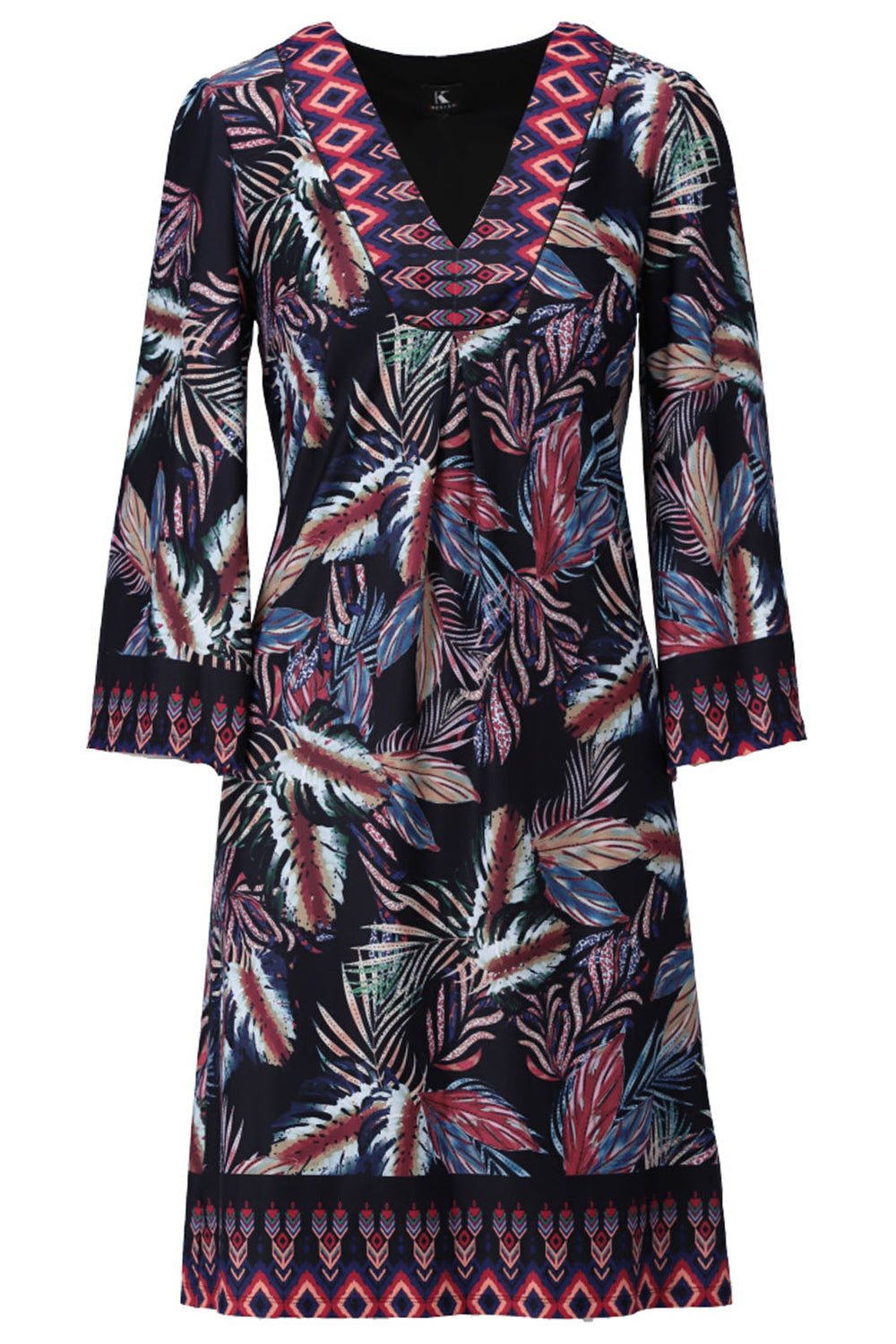 K Design Z301 Navy Leaf Print V-Neck Dress - Experience Boutique