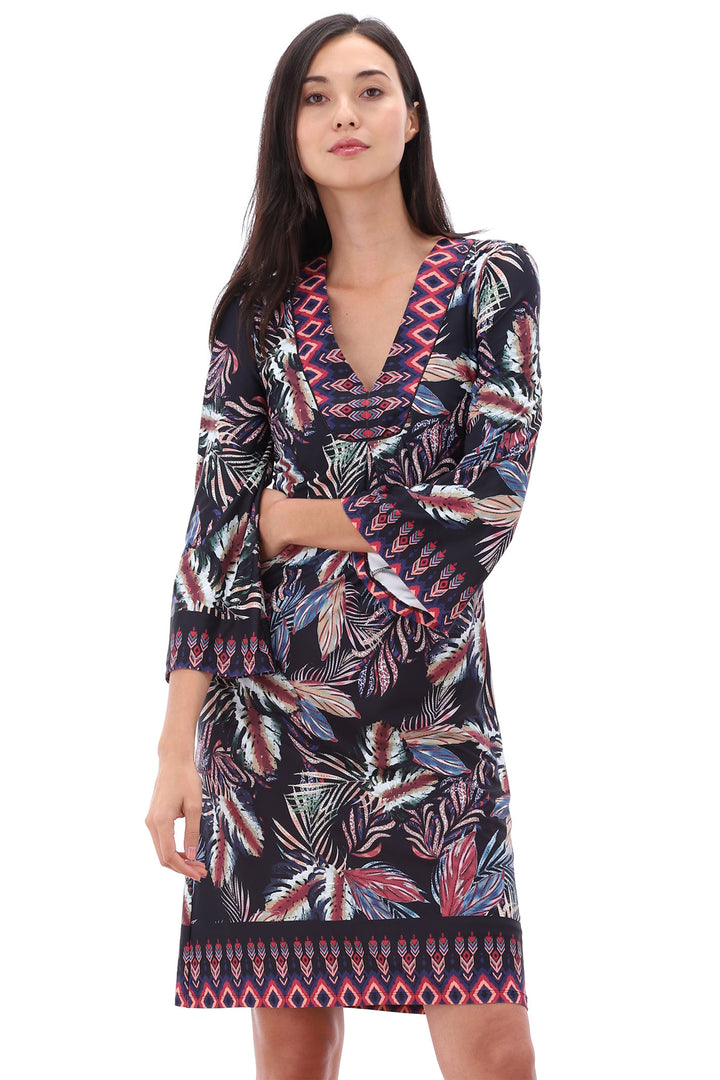 K Design Z301 Navy Leaf Print V-Neck Dress - Experience Boutique