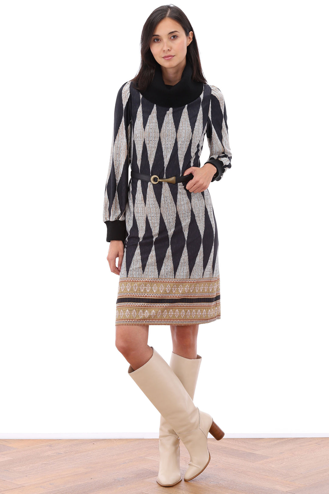 K Design Z339 Cream Harlequin Print Polo Neck Dress - Experience Boutique