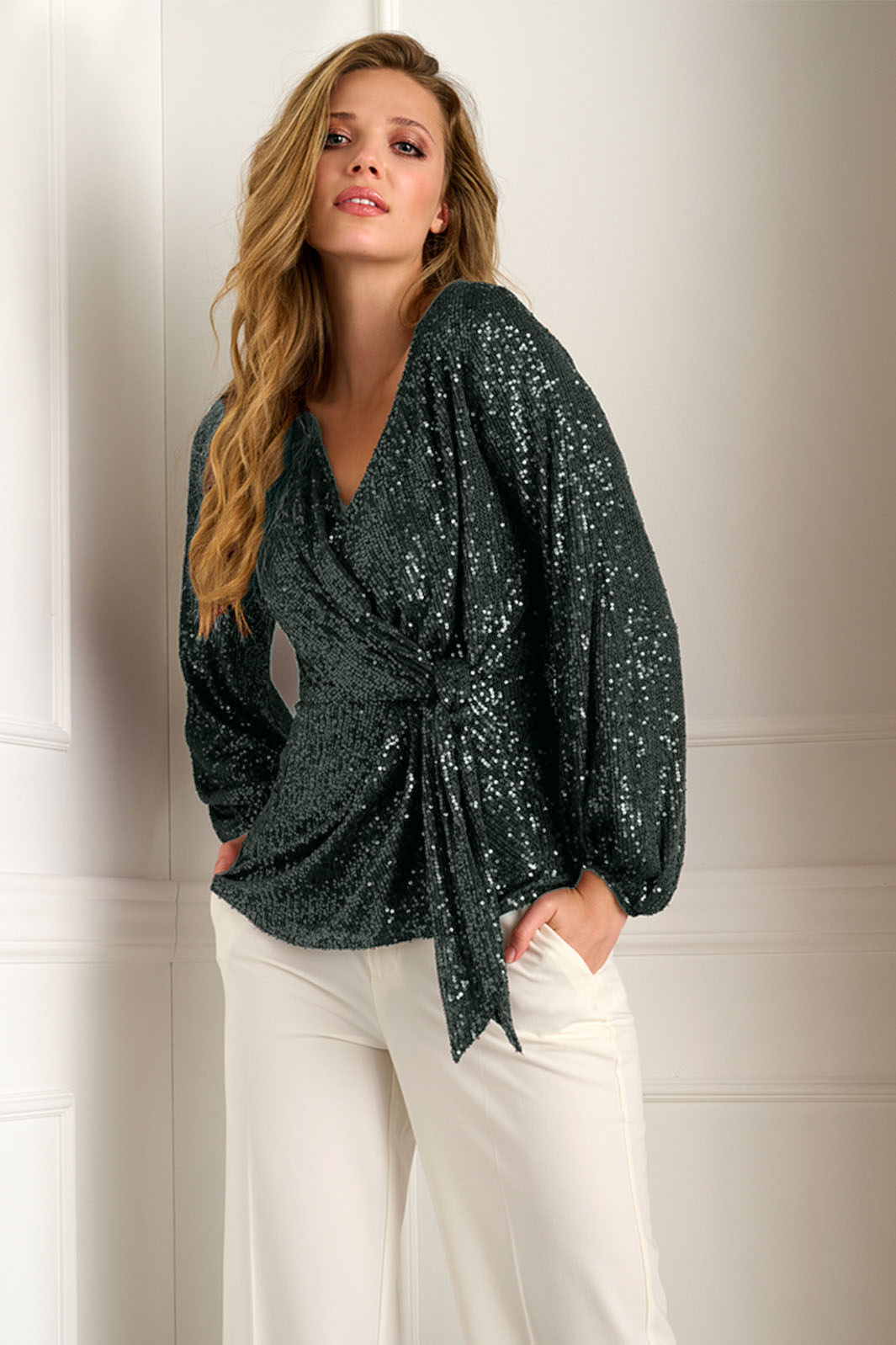 K Design Z793 Faux Wrap June Bug Green Sequin Top - Experience Boutique