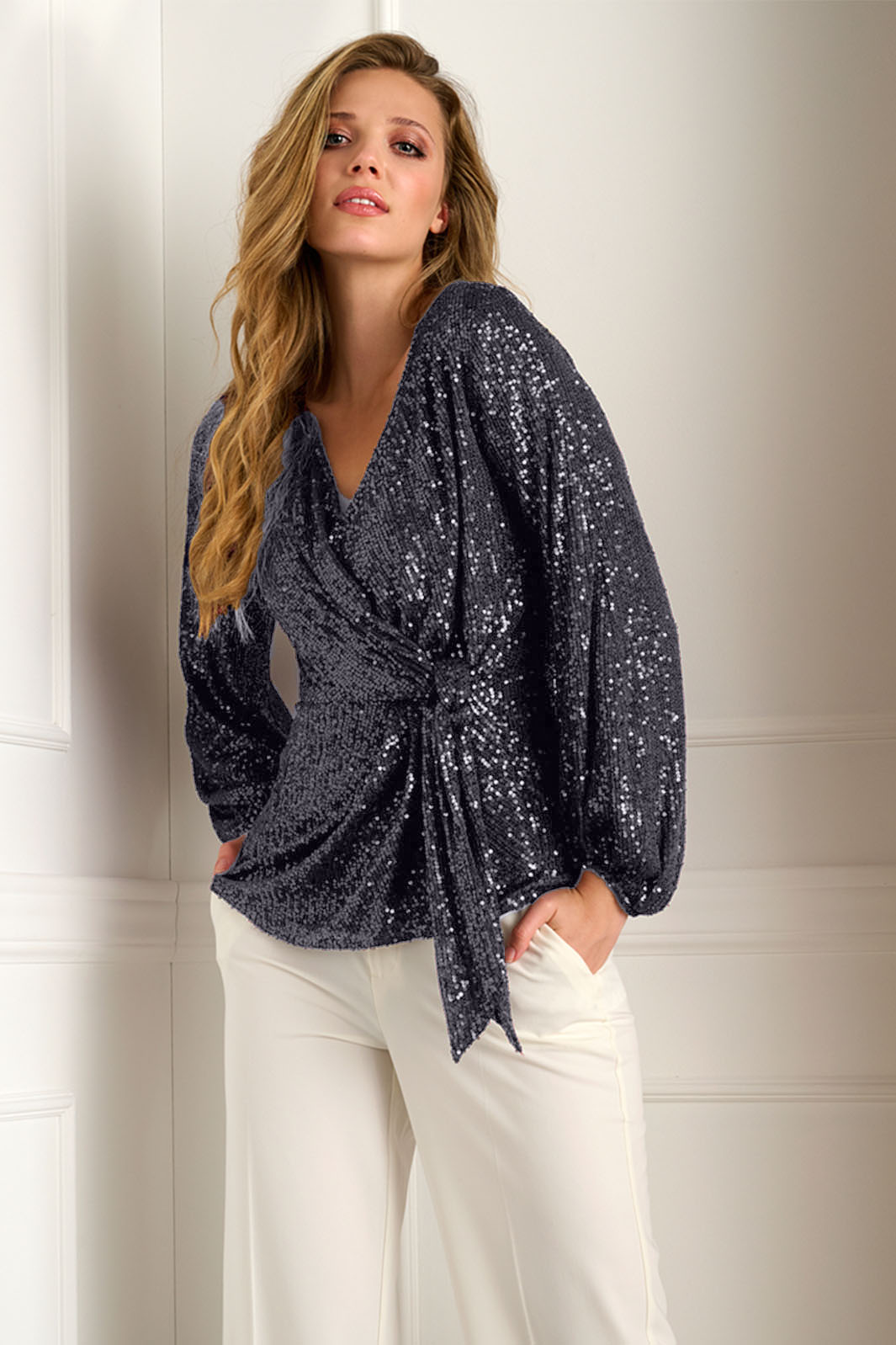 K Design Z793 Faux Wrap Peacoat Blue Sequin Top - Experience Boutique